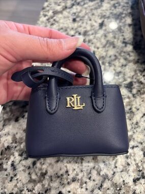 Ralph Lauren Navy Mini Leather Top-Handle Bag with Gold RLL Emblem